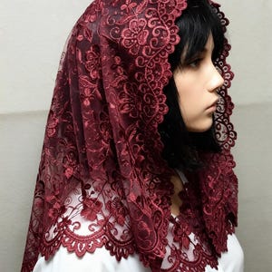 Burgundy Lace Chapel Veil Mantilla: Catholic Head Covering image 7