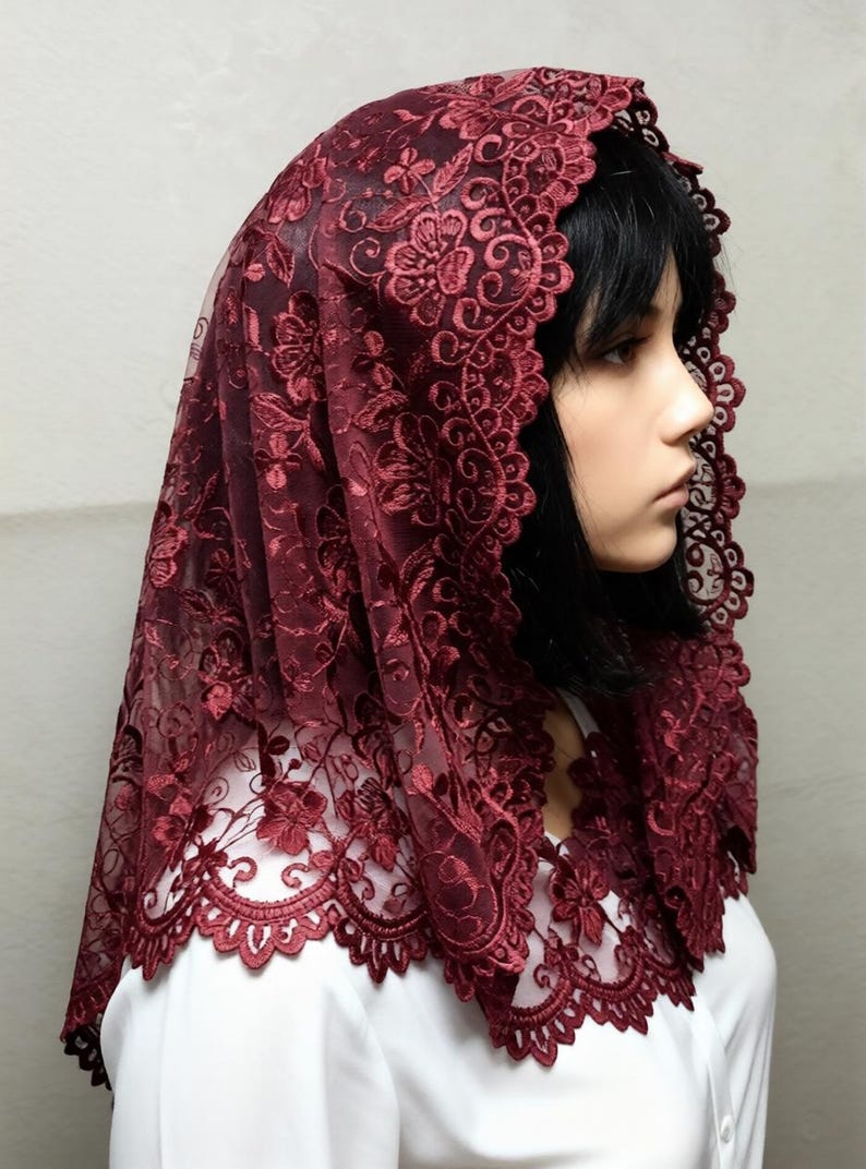 Burgundy Lace Chapel Veil Mantilla: Catholic Head Covering image 7