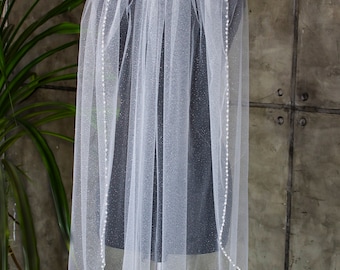 Wedding veil shimmer tulle beaded edge with pearls and beads sparkly veil wedding crystal edge beads white veil glitter 1 tier fingertip