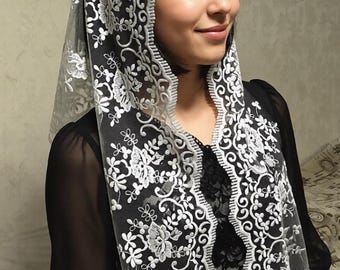 Ivory Lace Church Veil Mantilla Chapel Scarf Catholic Head Covering Embroidered Lace Veil for Mass Prayer Shawl Modest Head Scarf for Women