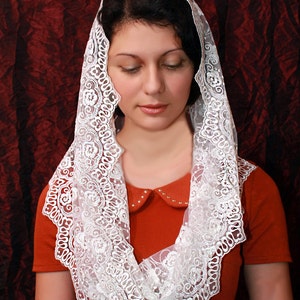 May include: A white lace veil with a scalloped edge and floral embroidery. The veil is worn by a person with dark hair and is draped over their shoulders.