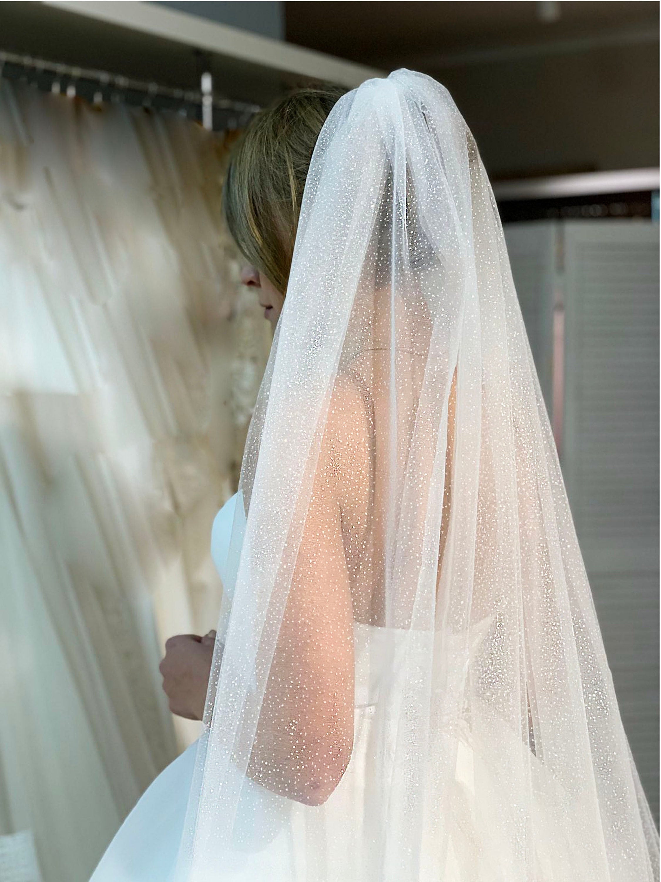 White long sparkling veil Simple glitter veil Bridal veil with cut edge Sparkle veil
