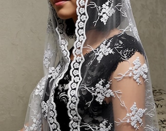 Velo para misa, bufanda de encaje blanco, mantilla, velo transparente para iglesia o capilla, velo para boda, chal de encaje ligero
