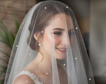 Velo de novia brillante con borde cortado, velo con detalle de perla, velo de perla colgante, velo blanco, velo con brillo, velo de novia catedral de tul brillante.