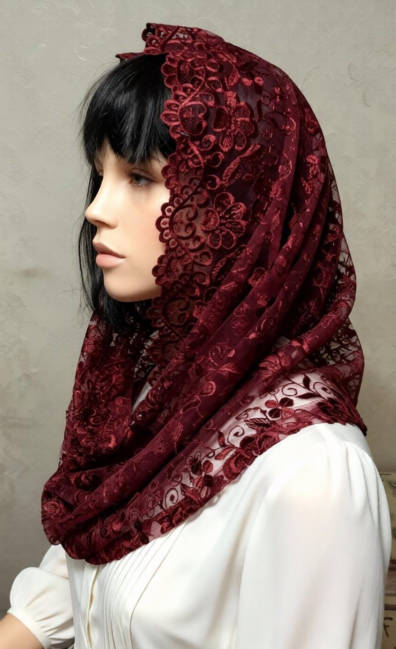 Burgundy Lace Chapel Veil Mantilla: Catholic Head Covering image 6
