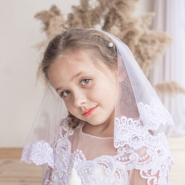 White veil lace edged first communion mantilla for children flower girl veil communion hair piece girls first communion veil girls mantilla