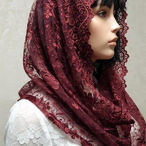 Burgundy Lace Chapel Veil Mantilla: Catholic Head Covering image 3