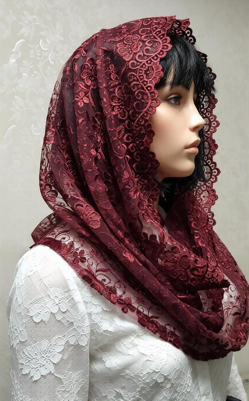 Burgundy Lace Chapel Veil Mantilla: Catholic Head Covering image 3