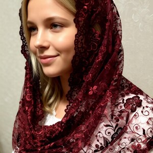 Burgundy Lace Chapel Veil Mantilla: Catholic Head Covering image 4