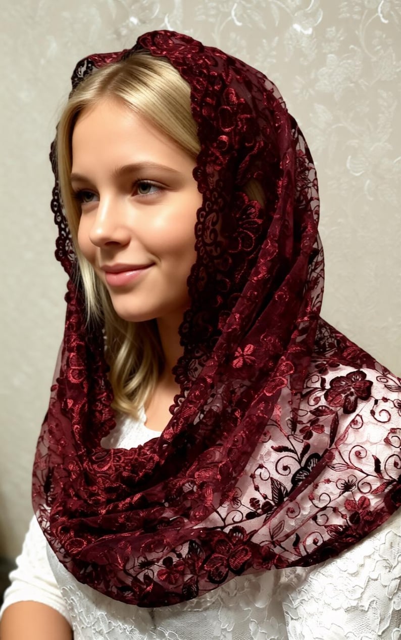 Burgundy Lace Chapel Veil Mantilla: Catholic Head Covering image 4