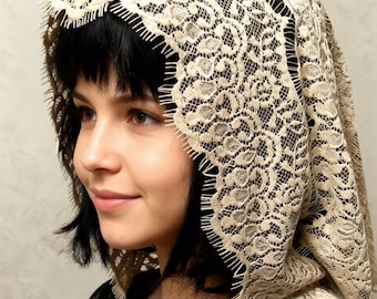 Mantilla Head Covering  lace Infinity Veil Beige Scarf for Church | Catholic Chapel Veil |  | Modest Lace Headscarf