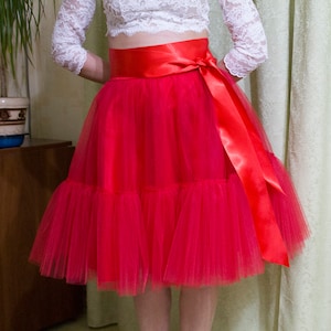May include: A red tulle skirt with a wide red satin ribbon tied at the waist.