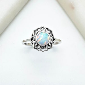 Sterling Silver White Opal Ring |  Womens Opal Mandala Ring | Opal Flower Ring |