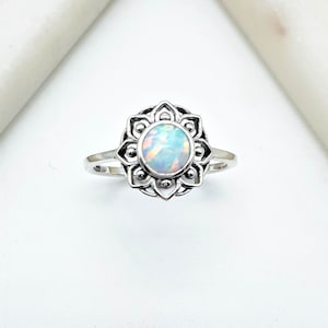 Sterling Silver White Opal Ring |  Womens Opal Mandala Ring | Opal Flower Ring |