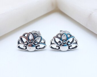 Silver Mandala Stud Earrings |  Cute Flower Earrings | Sterling Silver Studs |