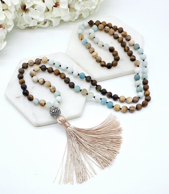 Hand knotted Matte Tigers Eye Mala Necklaces Hand knotted Matte Tigers Eye Mala Necklaces