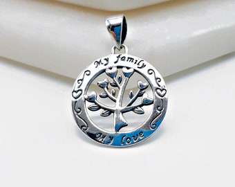 Sterling Silver Family Tree Pendant | Sterling Silver "My Family My Love" Tree Pendant  | Sterling Silver Tree of Life Charm Necklace