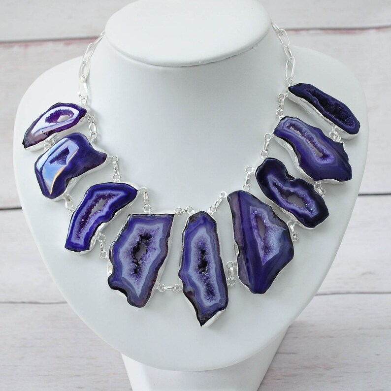 Purple Solar Quartz Bib Necklace Statement Necklace large Gemstone Pendant Multi Gemstone Necklace