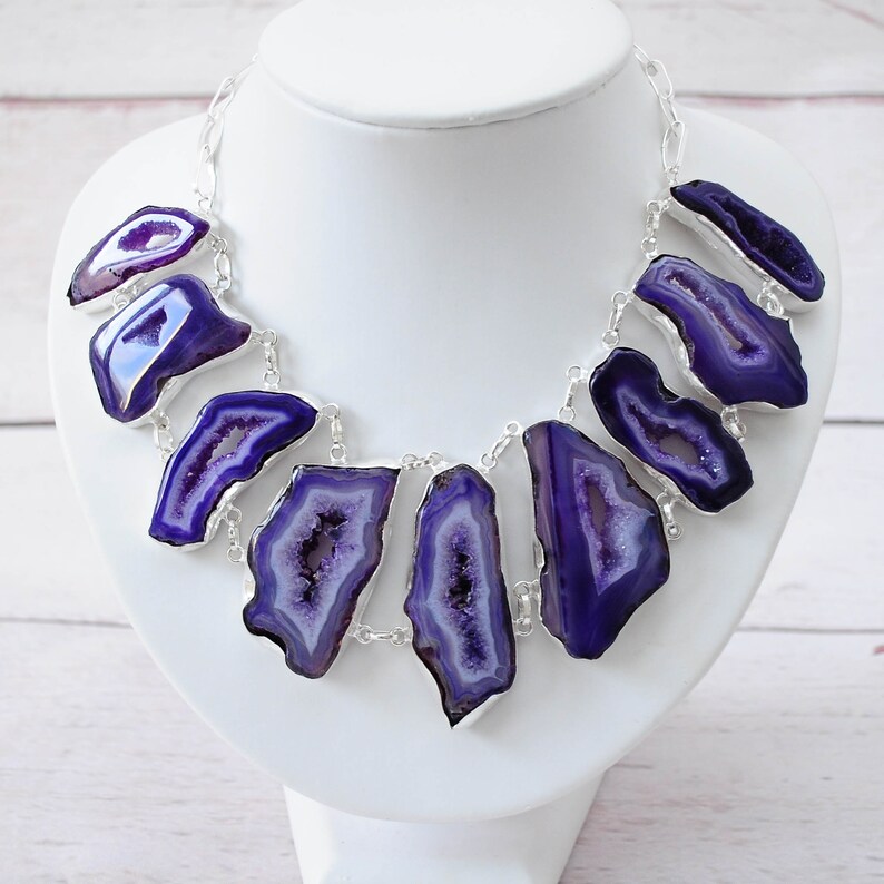 Purple Solar Quartz Bib Necklace Statement Necklace large Gemstone Pendant Multi Gemstone Necklace