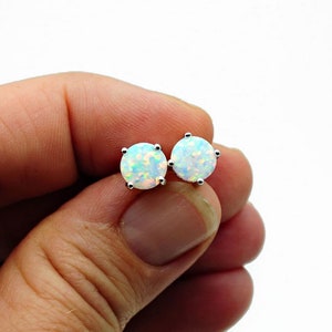 Round White Opal Stud Earrings | Pink Opal Sterling Silver Studs | Circle Stud Earrings | Opal Post Back Earrings