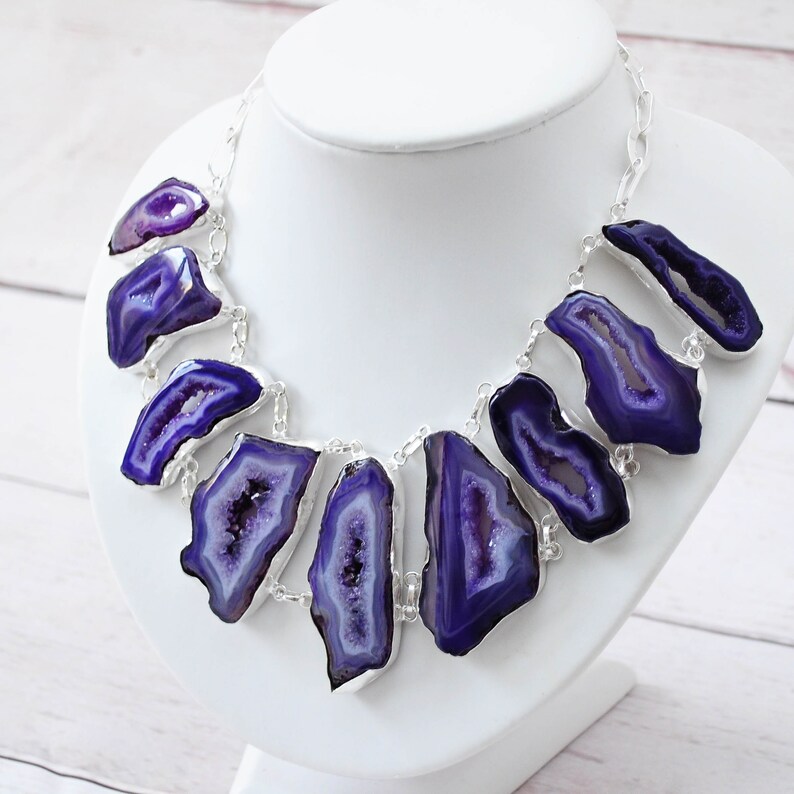 Purple Solar Quartz Bib Necklace Statement Necklace large Gemstone Pendant Multi Gemstone Necklace