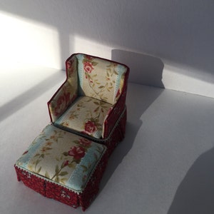 Dollhouse Miniature Artisan Upholstered Bed and Chair with Ottoman image 3