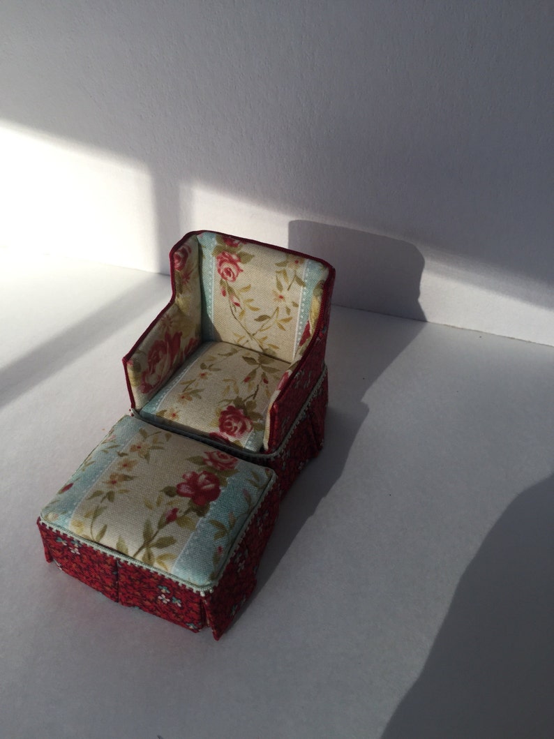 Dollhouse Miniature Artisan Upholstered Bed and Chair with Ottoman image 3