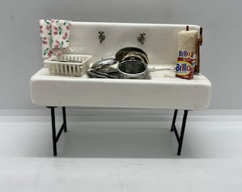 Dollhouse Miniatures Artisan OOAK Kitchen Sink with Dishes