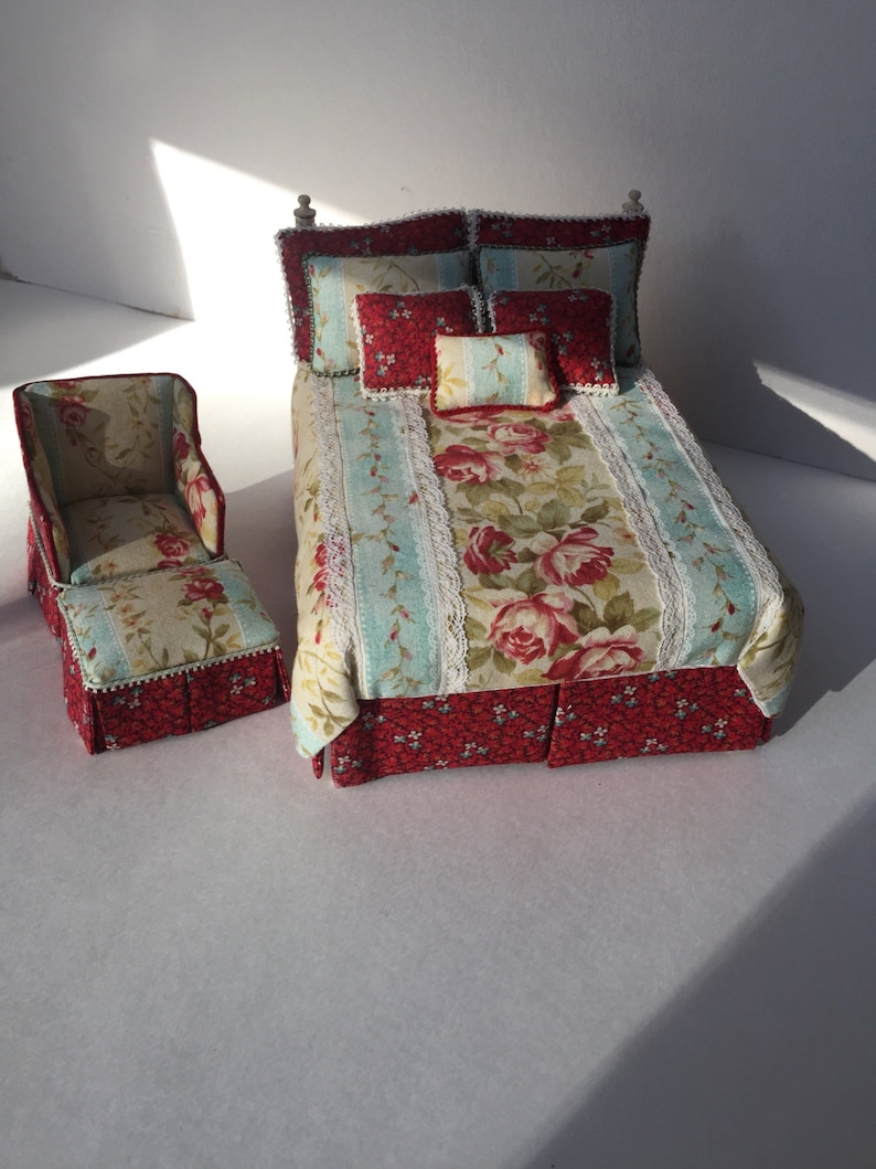 Dollhouse Miniature Artisan Upholstered Bed and Chair with Ottoman image 1