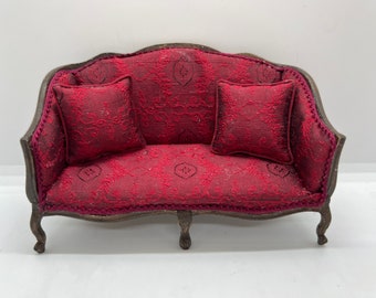 Dollhouse Miniature Living Room Settee Red Satin Fabric with Mahogany CLA10841 