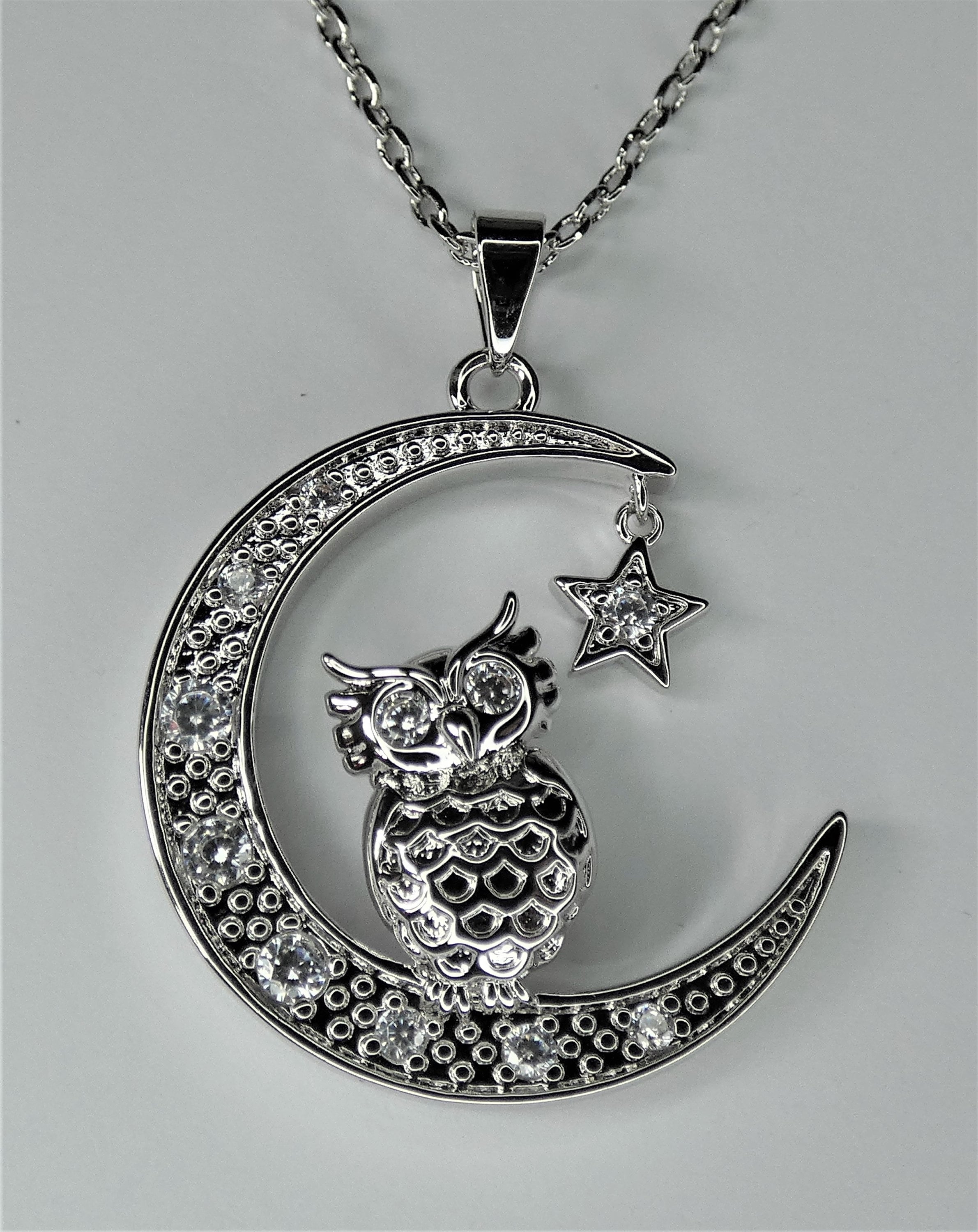 Handmade Owl on Moon Pendant: Moving Star Charm, Cubic Zirconia