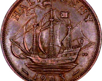 May include: A copper-colored 1943 Half Penny coin. The coin features a sailing ship with three masts and the words "HALF PENNY" at the top. The year "1943" is at the bottom. The coin has a detailed edge.