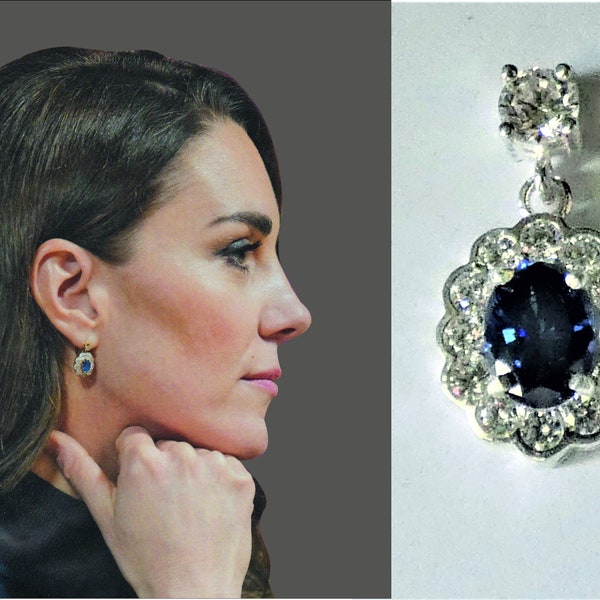 Réplique de boucles d'oreilles princesse Kate en argent et saphirs fabriquées en Angleterre