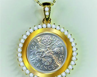 1955 Pendentif Pièce De Monnaie De Six Pence, Cadeau 70e Anniversaire Fantaisie : Chaîne En Argent Sterling - France