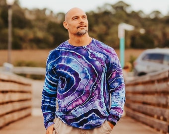 Long sleeve tie dye shirt, Geode tie dye, Hippie clothes men, Psychedelic t shirt, Cotton anniversary gift for him