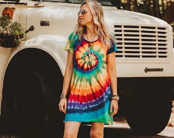 Short hippie dress, Beach coverups, Rainbow tie dye t shirt dress, 40th birthday gifts for women