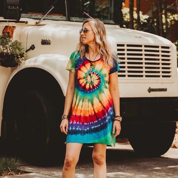 Short hippie dress, Beach coverups, Rainbow tie dye t shirt dress, 40th birthday gifts for women