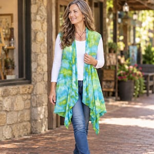 Blue & Green Boho Cover Up – Flowy Rayon Waterfall Vest – Sleeveless Tie Dye Kimono Duster, XL