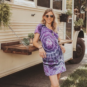 Purple geode tie dye dress, Short hippie dress, Cotton beach cover up, Tshirt dress for women