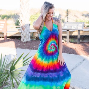 Tie dye maxi dress, Backless halter dress, Sexy summer dress, Rainbow dress women