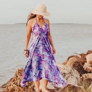 Bohemian maxi dress, Purple tie dye dress, Backless dress, Boho halter dress, Sexy summer dresses for women, XS, S, M, L