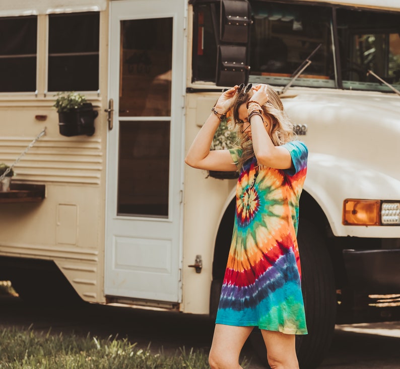 Short hippie dress, Beach coverups, Rainbow tie dye t shirt dress, 40th birthday gifts for women image 3