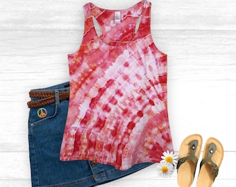 Coral Pink Tie Dye Tank Top – Women's Boho Racerback Tank – Hand Dyed Cotton, Small