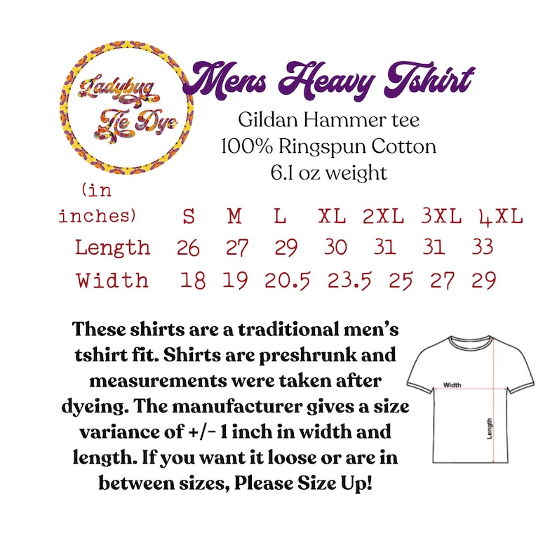 K&ouml;nnte beinhalten: Gr&ouml;&szlig;entabelle f&uuml;r ein schweres Herren-T-Shirt aus 100 % Ringspinn-Baumwolle. Die Tabelle zeigt die L&auml;nge und Breite in Zoll f&uuml;r die Gr&ouml;&szlig;en S bis 4XL. Der Text besagt, dass die Shirts vorgewaschen sind und die Ma&szlig;e nach dem F&auml;rben genommen wurden. Der Hersteller erlaubt eine Abweichung von +/- 1 Zoll in Breite und L&auml;nge. Der Text besagt auch, dass Sie eine Nummer gr&ouml;&szlig;er w&auml;hlen sollten, wenn Sie eine lockere Passform w&uuml;nschen.