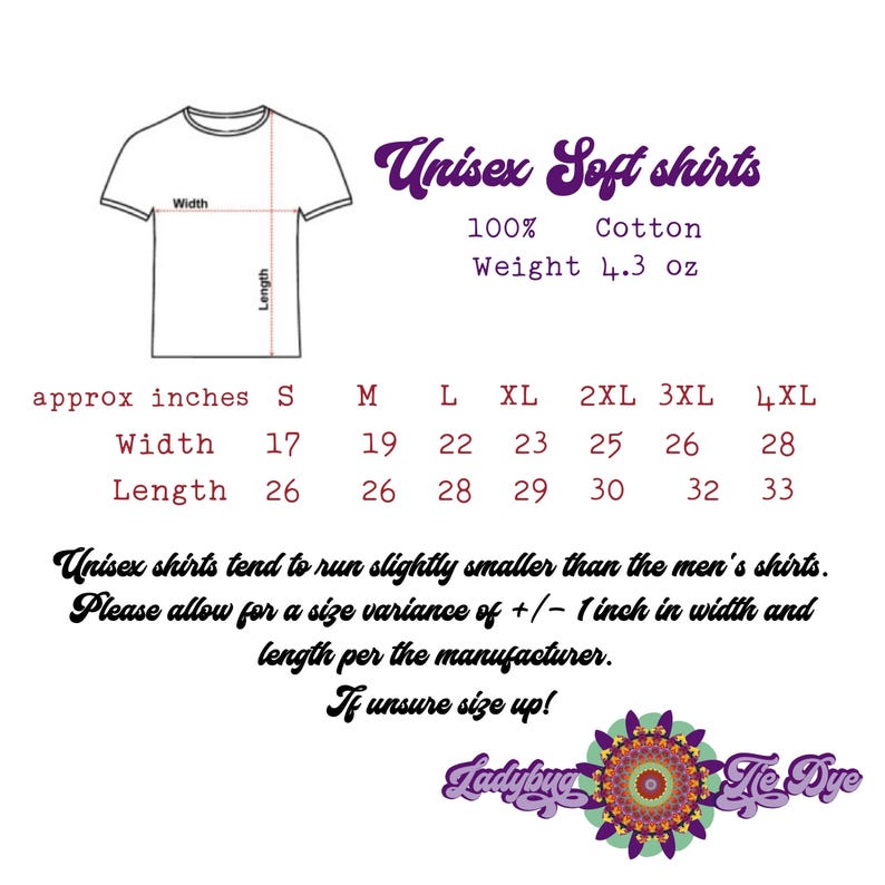 K&ouml;nnte beinhalten: Gr&ouml;&szlig;entabelle f&uuml;r Unisex-T-Shirts aus 100 % Baumwolle. Die Tabelle zeigt die ungef&auml;hre Breite und L&auml;nge in Zoll f&uuml;r die Gr&ouml;&szlig;en S bis 4XL. Der Text besagt, dass Unisex-Shirts tendenziell etwas kleiner ausfallen als Herrenshirts und dass eine Gr&ouml;&szlig;enabweichung von +/- 1 Zoll in der Breite und L&auml;nge pro Hersteller ber&uuml;cksichtigt werden sollte. Der Text besagt auch, dass man eine Nummer gr&ouml;&szlig;er w&auml;hlen sollte, wenn man sich nicht sicher ist.