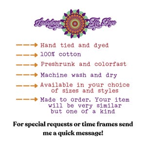 K&ouml;nnte beinhalten: Eine farbenfrohe Grafik mit dem Text "Ladybug Tie Dye" und einer Liste mit Produktdetails: Handgebunden und gef&auml;rbt, 100 % Baumwolle, Vorgeschrumpft und farbecht, Maschinenw&auml;sche und -trocknung, Erh&auml;ltlich in Ihrer Wahl an Gr&ouml;&szlig;en und Stilen, Nach Bestellung gefertigt. Ihr Artikel wird sehr &auml;hnlich sein, aber einzigartig. F&uuml;r spezielle Anfragen oder Zeitrahmen senden Sie mir eine kurze Nachricht!