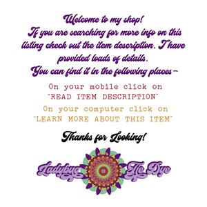 K&ouml;nnte beinhalten: Text&uuml;berlagerung auf wei&szlig;em Hintergrund mit einem farbenfrohen Mandala-Design. Der Text lautet: "Willkommen in meinem Shop! Wenn Sie nach weiteren Informationen zu diesem Angebot suchen, lesen Sie die Artikelbeschreibung. Ich habe viele Details bereitgestellt. Sie finden sie an folgenden Stellen - Auf Ihrem Handy klicken Sie auf "ARTIKELBESCHREIBUNG LESEN" Auf Ihrem Computer klicken Sie auf "MEHR &Uuml;BER DIESEN ARTIKEL ERFAHREN" Danke f&uuml;rs Schauen! Ladybug Tie Dye"