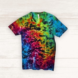 Rainbow Tie Dye V-Neck Shirt – Hippie Summer Tee – Hand Dyed Cotton, Unisex Small