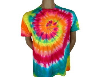 Bright Spiral Tye Dye T-Shirt – Hand Dyed Hippie Tee – Music Festival Shirt, Unisex Large