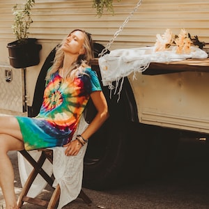 Short hippie dress, Beach coverups, Rainbow tie dye t shirt dress, 40th birthday gifts for women image 2